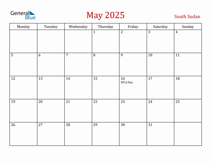 South Sudan May 2025 Calendar - Monday Start