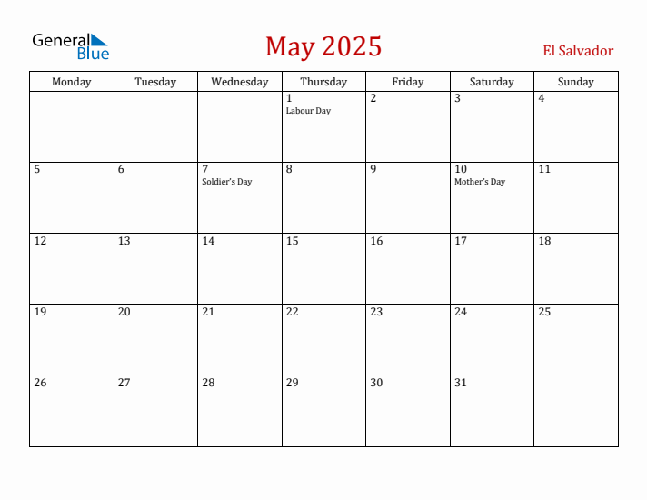El Salvador May 2025 Calendar - Monday Start