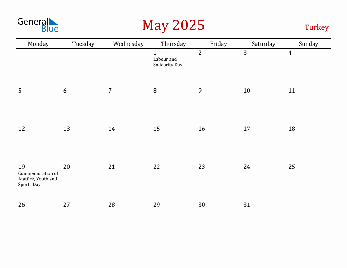 May 2025 Turkey Monthly Calendar with Holidays