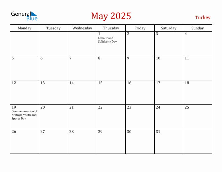 Turkey May 2025 Calendar - Monday Start