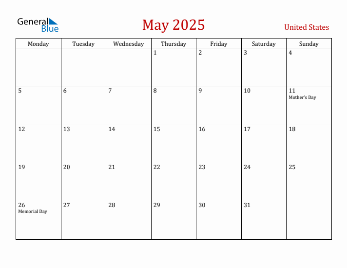 United States May 2025 Calendar - Monday Start