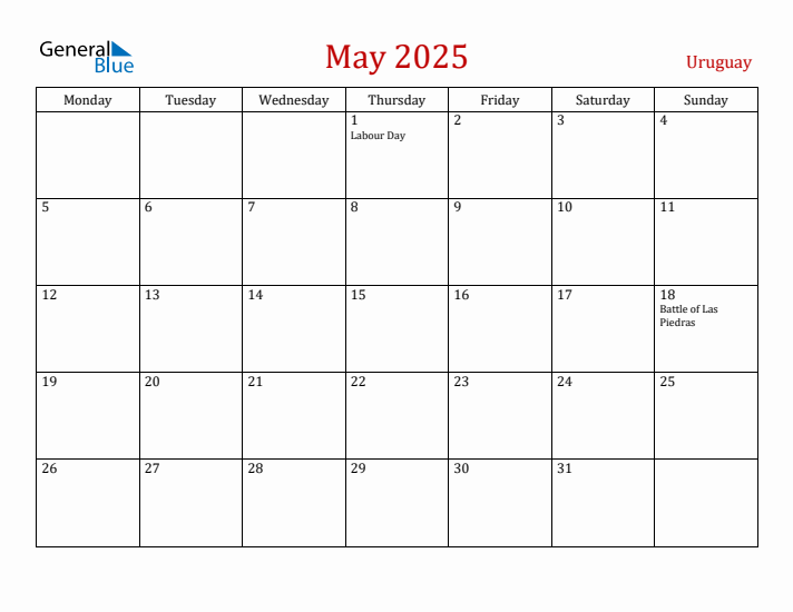 Uruguay May 2025 Calendar - Monday Start