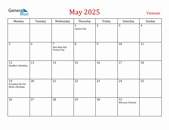 Vietnam May 2025 Calendar - Monday Start