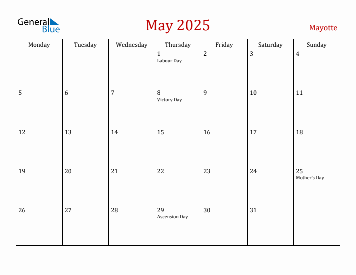 Mayotte May 2025 Calendar - Monday Start