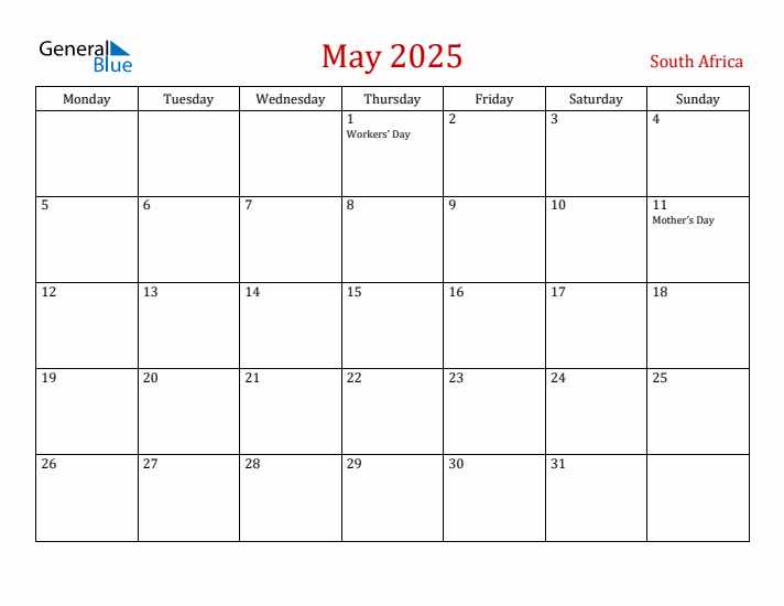 May 2025 South Africa Monthly Calendar with Holidays