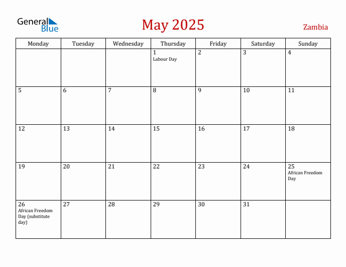 Zambia May 2025 Calendar - Monday Start
