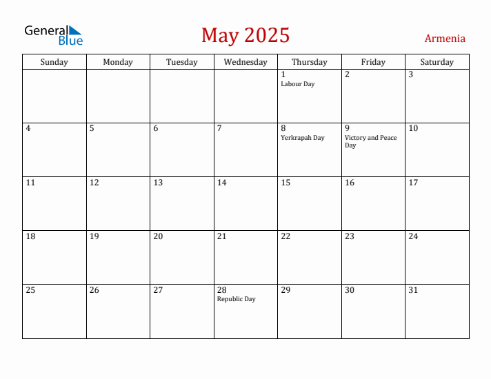 Armenia May 2025 Calendar - Sunday Start