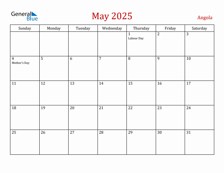Angola May 2025 Calendar - Sunday Start