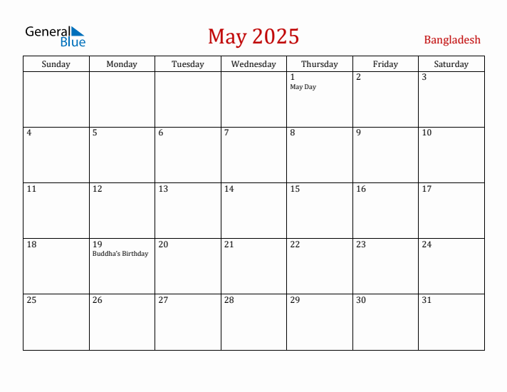 Bangladesh May 2025 Calendar - Sunday Start
