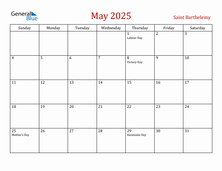 Saint Barthelemy May 2025 Calendar - Sunday Start