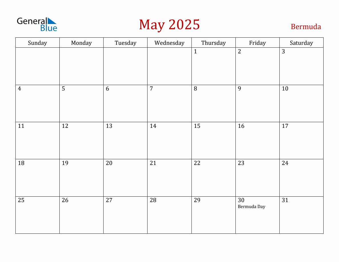 May 2025 Bermuda Monthly Calendar with Holidays