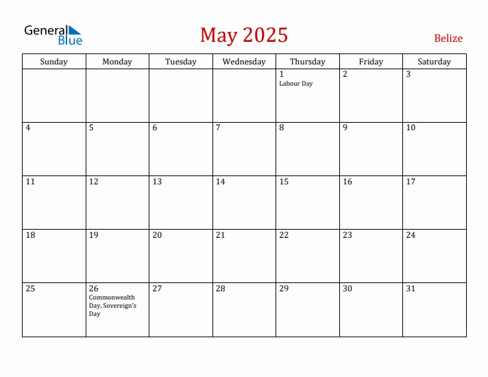 Belize May 2025 Calendar - Sunday Start