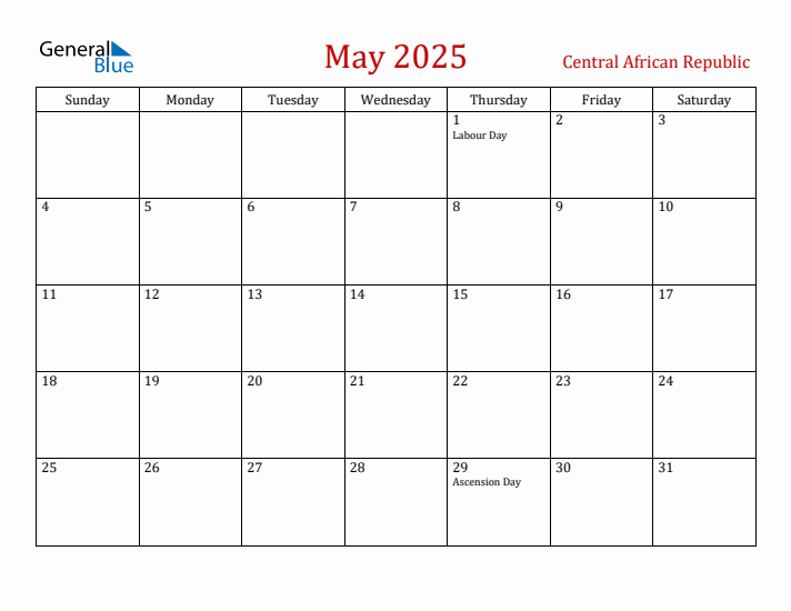 Central African Republic May 2025 Calendar - Sunday Start