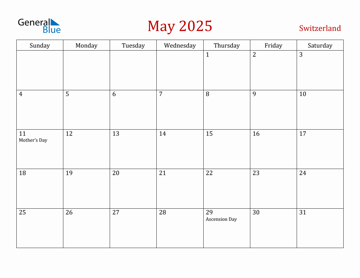 May 2025 Switzerland Monthly Calendar with Holidays