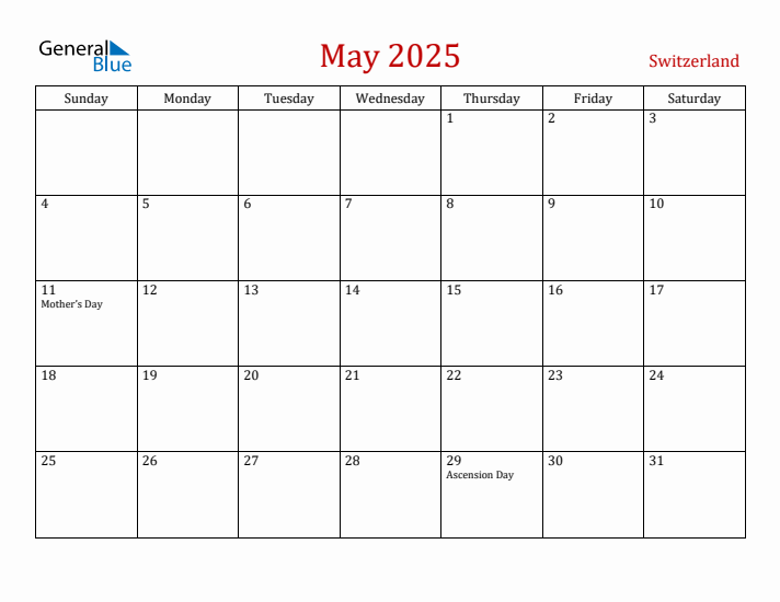 Switzerland May 2025 Calendar - Sunday Start