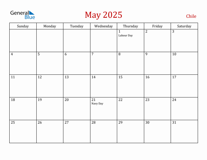 Chile May 2025 Calendar - Sunday Start