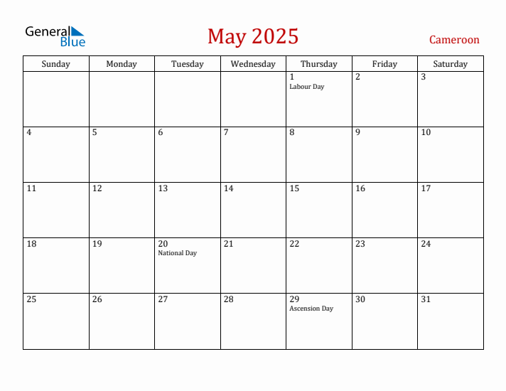 Cameroon May 2025 Calendar - Sunday Start