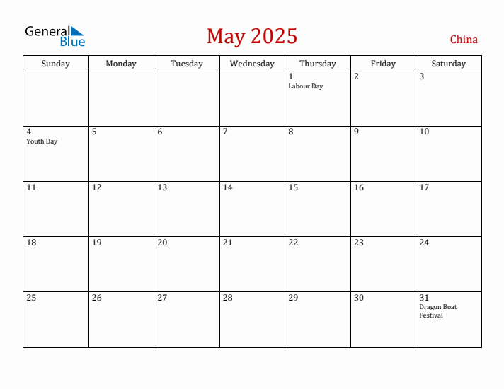 China May 2025 Calendar - Sunday Start