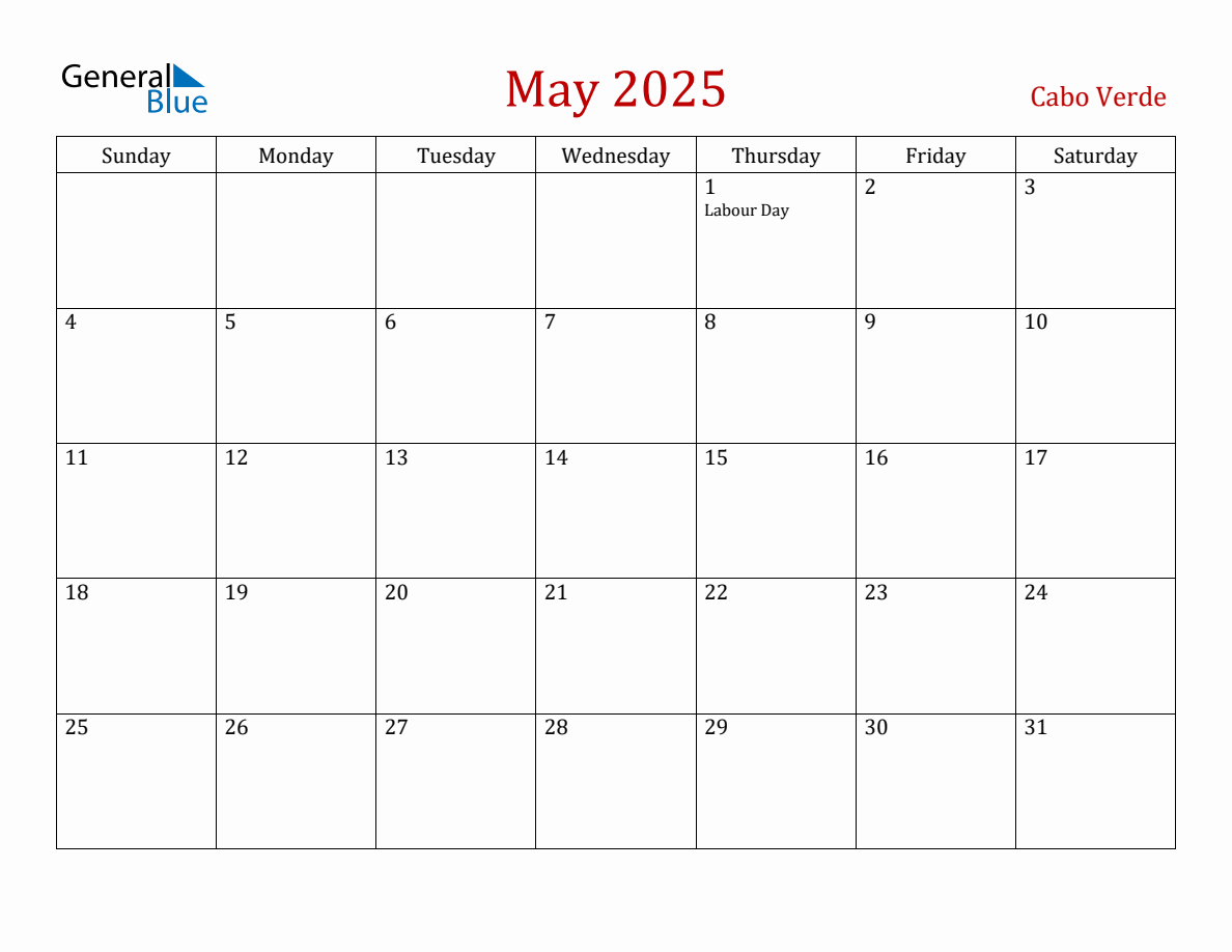 May 2025 Cabo Verde Monthly Calendar with Holidays