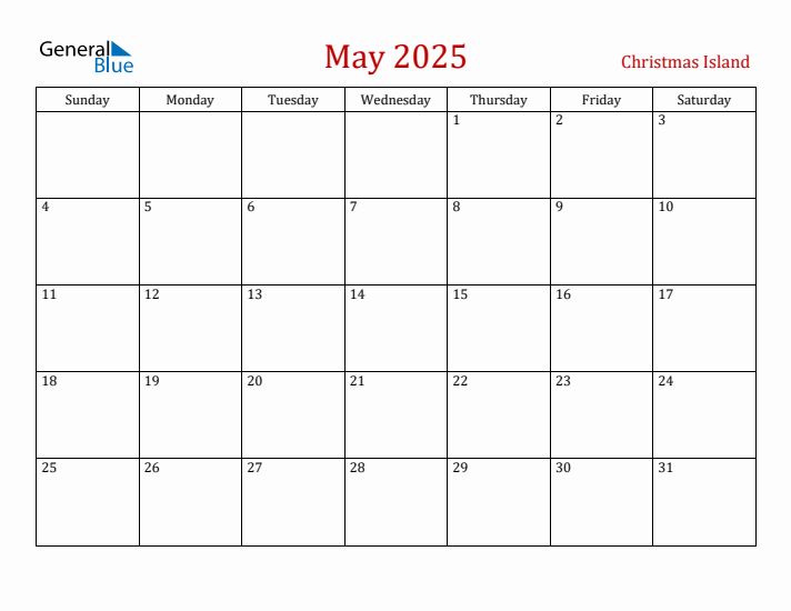 Christmas Island May 2025 Calendar - Sunday Start
