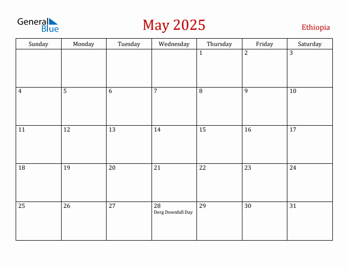 Ethiopia May 2025 Calendar - Sunday Start