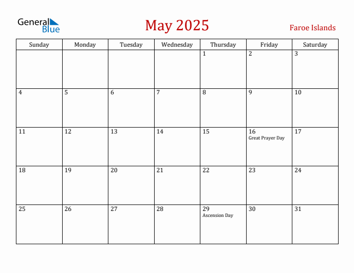 Faroe Islands May 2025 Calendar - Sunday Start