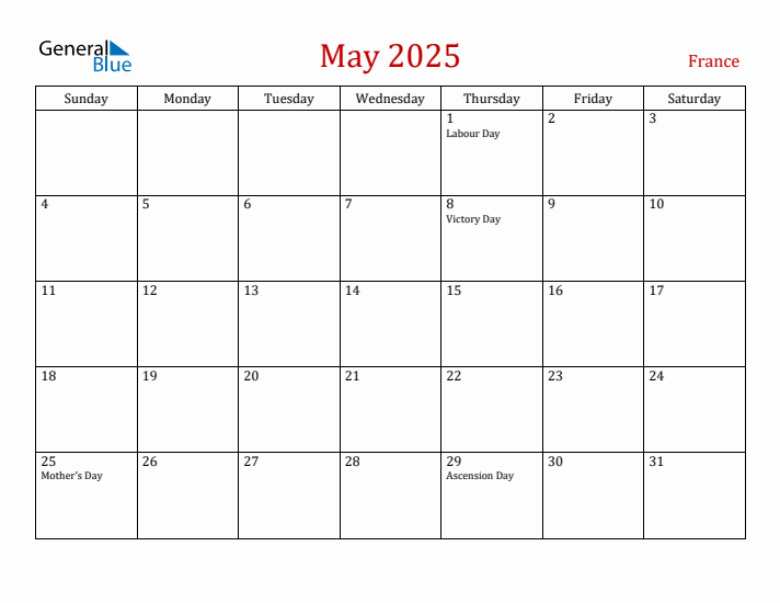 France May 2025 Calendar - Sunday Start