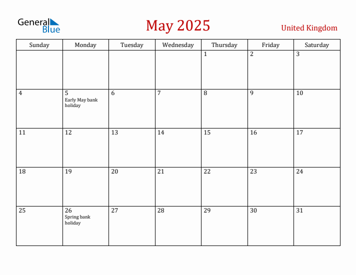 United Kingdom May 2025 Calendar - Sunday Start