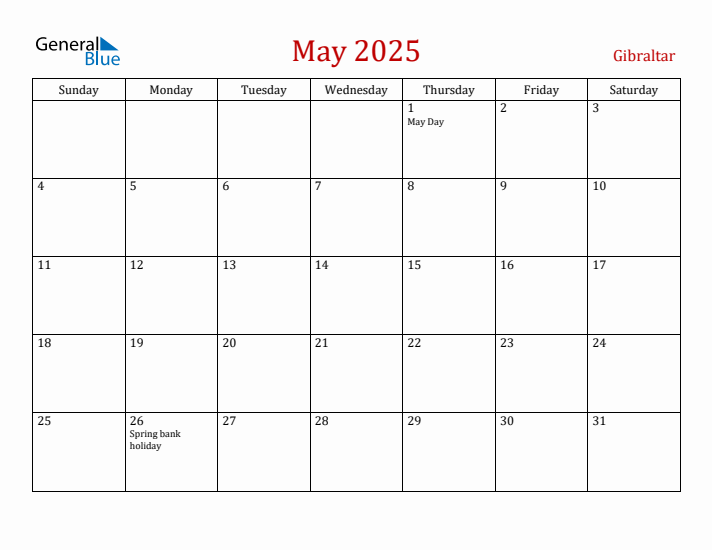 Gibraltar May 2025 Calendar - Sunday Start