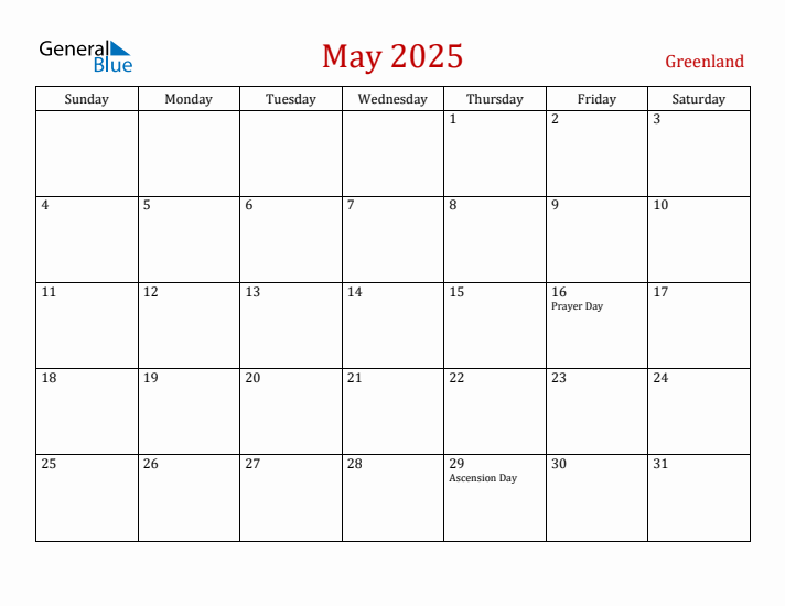 Greenland May 2025 Calendar - Sunday Start