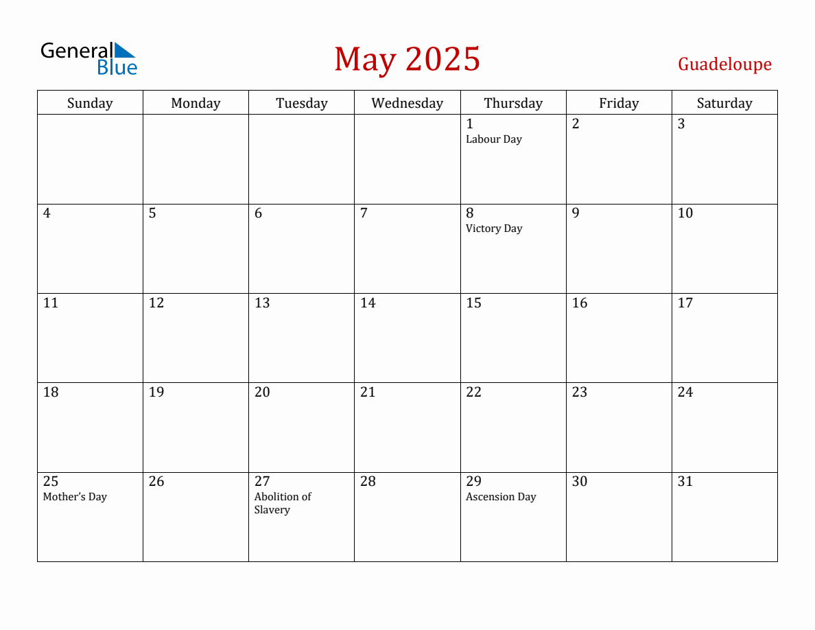 May 2025 Guadeloupe Monthly Calendar with Holidays