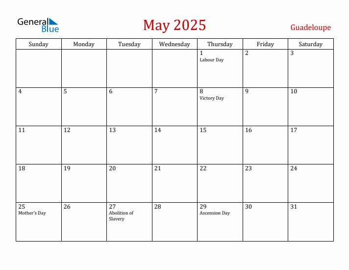 Guadeloupe May 2025 Calendar - Sunday Start