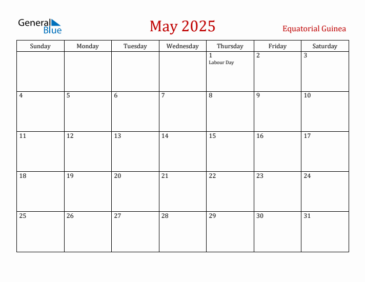 Equatorial Guinea May 2025 Calendar - Sunday Start