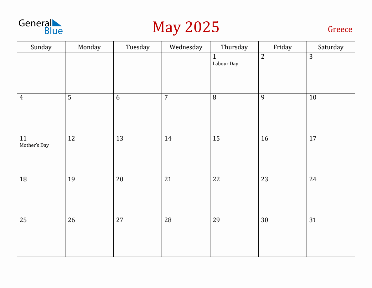 May 2025 Greece Monthly Calendar with Holidays