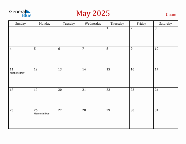 Guam May 2025 Calendar - Sunday Start