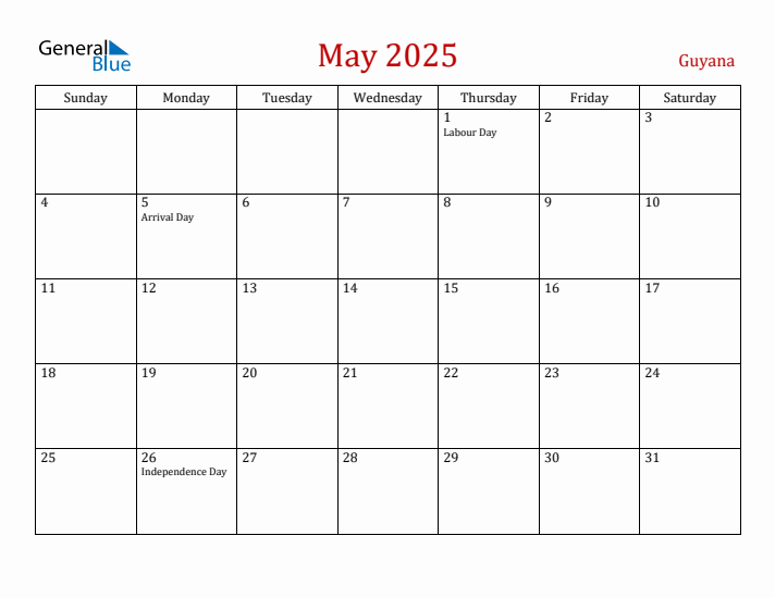 Guyana May 2025 Calendar - Sunday Start