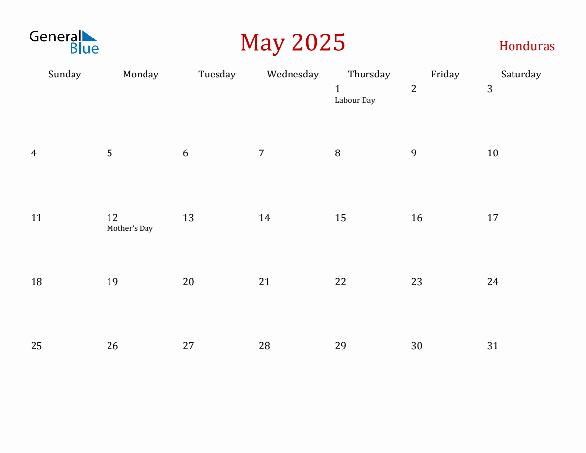 May 2025 Honduras Monthly Calendar with Holidays