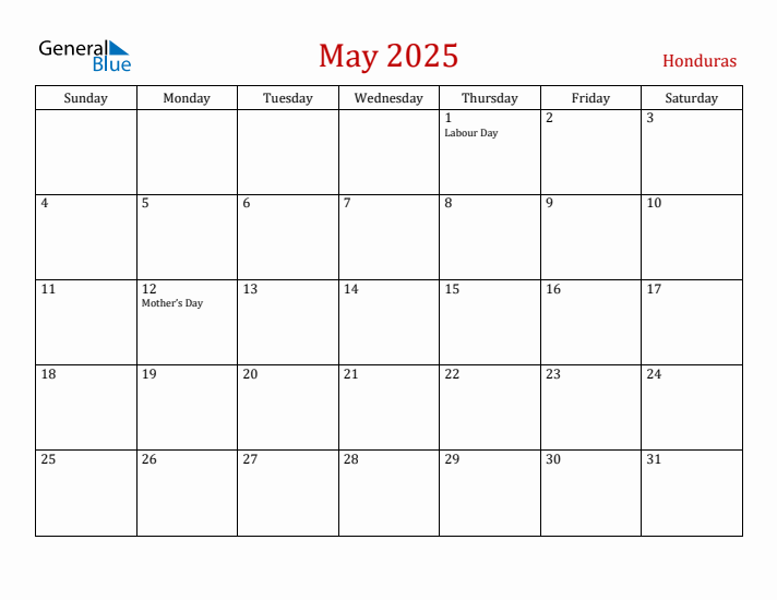 Honduras May 2025 Calendar - Sunday Start