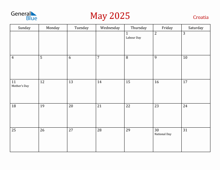 Croatia May 2025 Calendar - Sunday Start