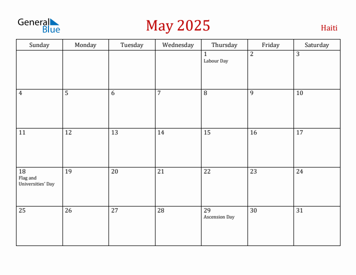 Haiti May 2025 Calendar - Sunday Start