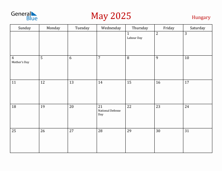 Hungary May 2025 Calendar - Sunday Start