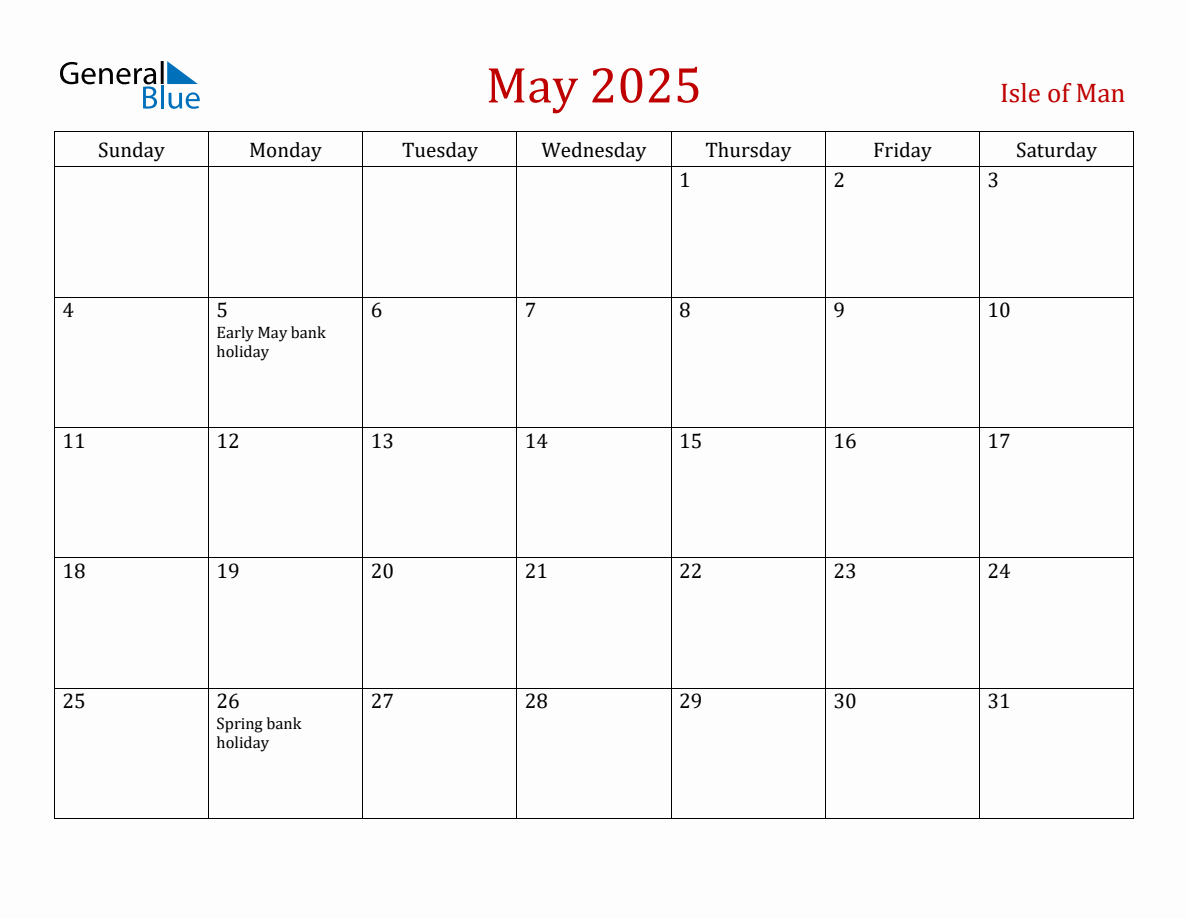 May 2025 Isle of Man Monthly Calendar with Holidays