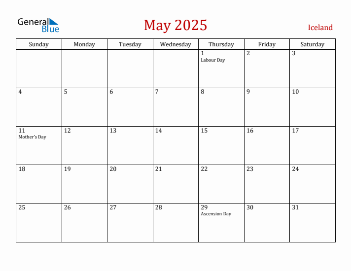 Iceland May 2025 Calendar - Sunday Start