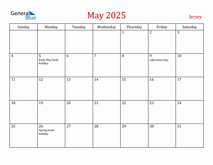 Jersey May 2025 Calendar - Sunday Start