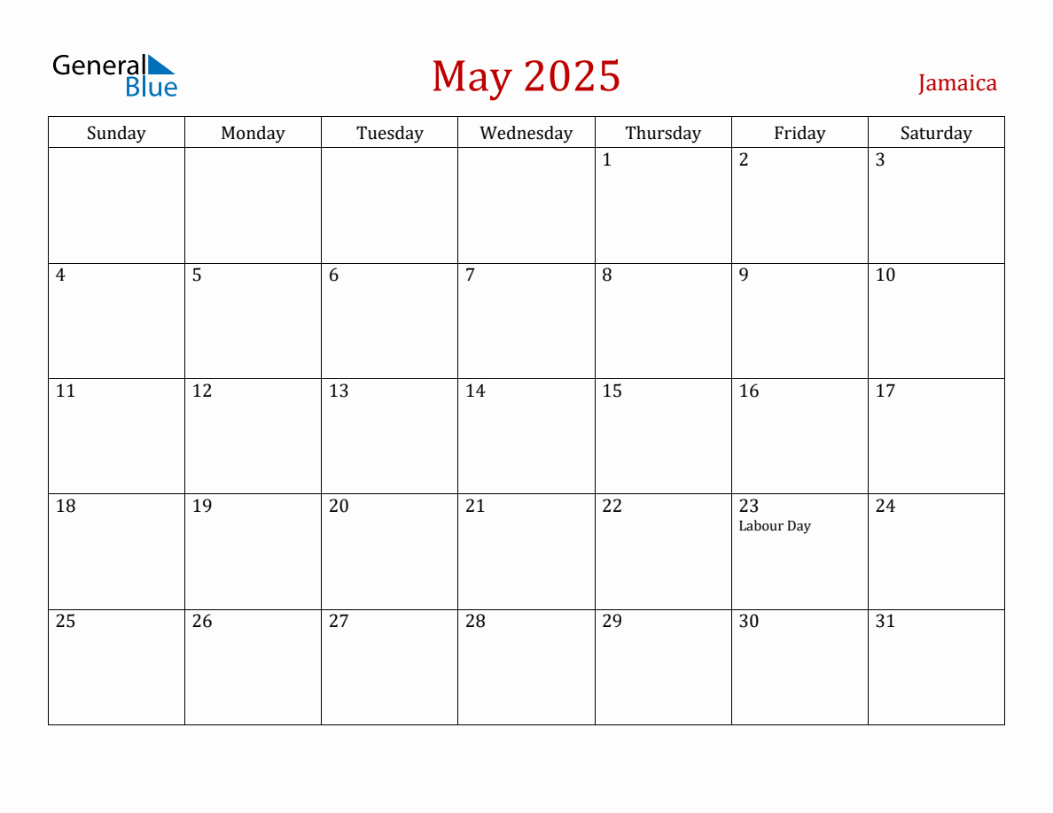 May 2025 Jamaica Monthly Calendar with Holidays