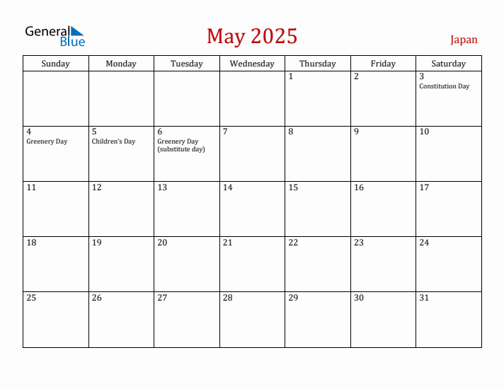 Japan May 2025 Calendar - Sunday Start