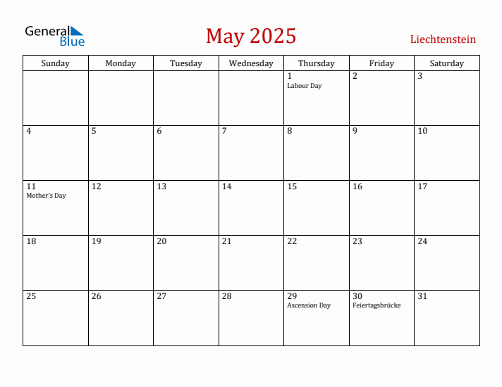 Liechtenstein May 2025 Calendar - Sunday Start