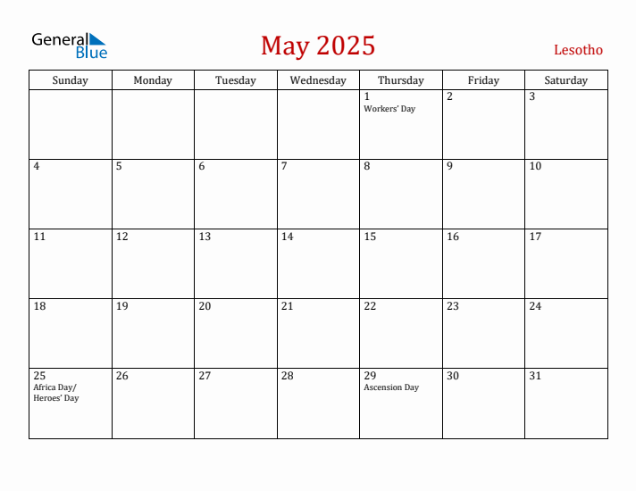 Lesotho May 2025 Calendar - Sunday Start