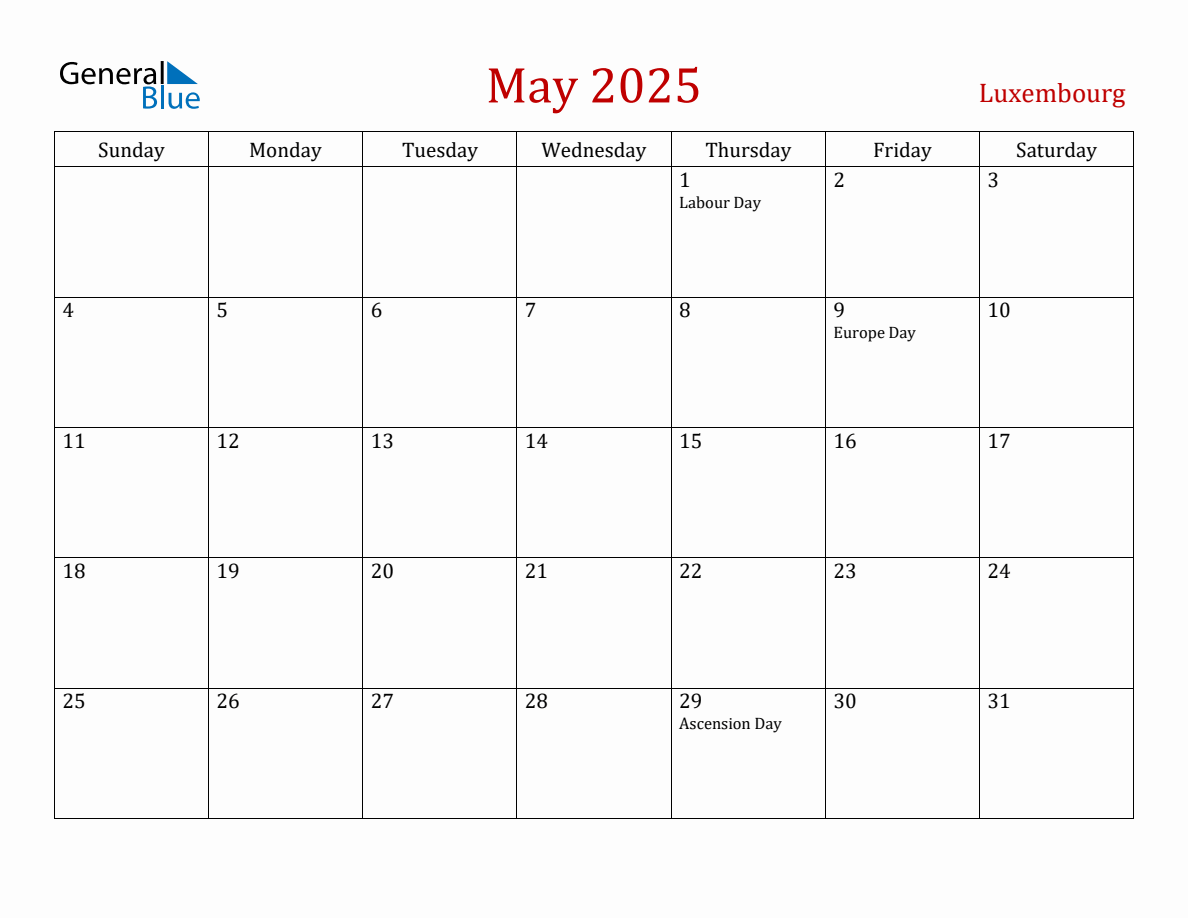 May 2025 Luxembourg Monthly Calendar with Holidays