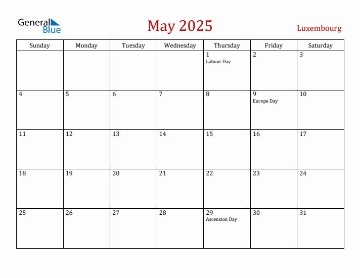 Luxembourg May 2025 Calendar - Sunday Start
